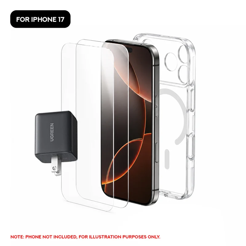 Ugreen 3-in-1 Accessory Kit for iPhone 17 - 30W GaN Fast Charger, 2-Pack Tempered Glass Screen Protector, Protective Case (LP1006/95910)