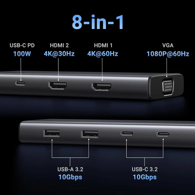Ugreen Revodok USB-C to 2xUSB 3.2 + 2xUSB-C 3.2 + 2xHDMI + 1xVGA + PD Port Converter (8-in-1) Multifunction Adapter (CM639/35588)
