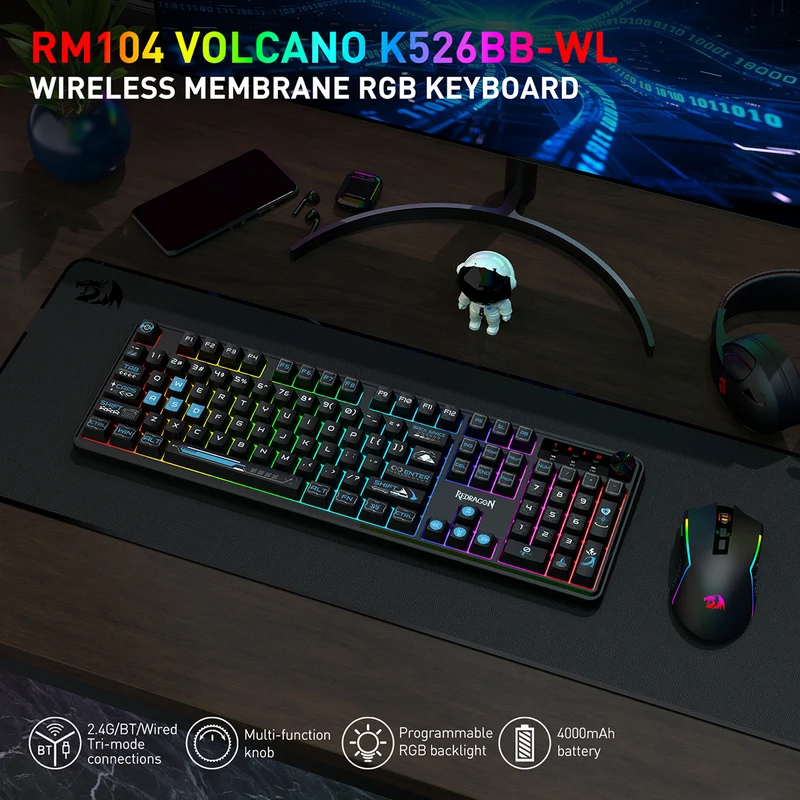 Redragon RM104 Pro Volcano Tri-Mode 104-key Wireless RGB Membrane Mechanical Gaming Keyboard (Black/Blue) (K526BB-WL)
