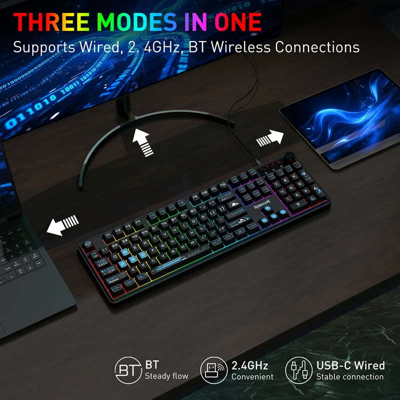 Redragon RM104 Pro Volcano Tri-Mode 104-key Wireless RGB Membrane Mechanical Gaming Keyboard (Black/Blue) (K526BB-WL)