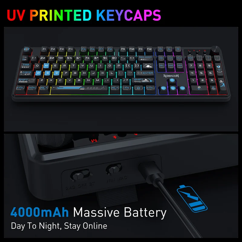 Redragon RM104 Pro Volcano Tri-Mode 104-key Wireless RGB Membrane Mechanical Gaming Keyboard (Black/Blue) (K526BB-WL)