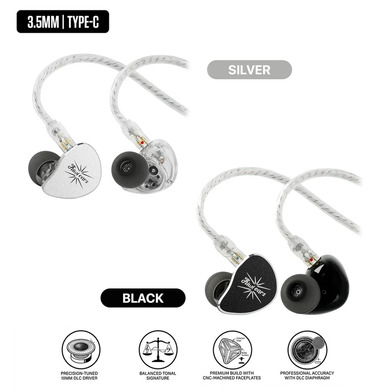 Kiwi Ears Belle 10mm DLC Dynamic Driver, HiFi Wired Earbuds with Dual Silver-Plated Cables in-Ear Monitor with Mic (3.5mm, Type-C) (Silver, Black)