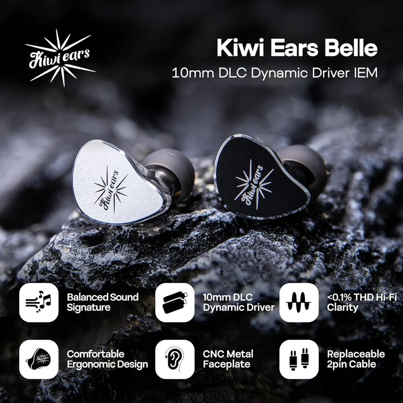 Kiwi Ears Belle 10mm DLC Dynamic Driver, HiFi Wired Earbuds with Dual Silver-Plated Cables in-Ear Monitor (3.5mm) (Silver, Black)