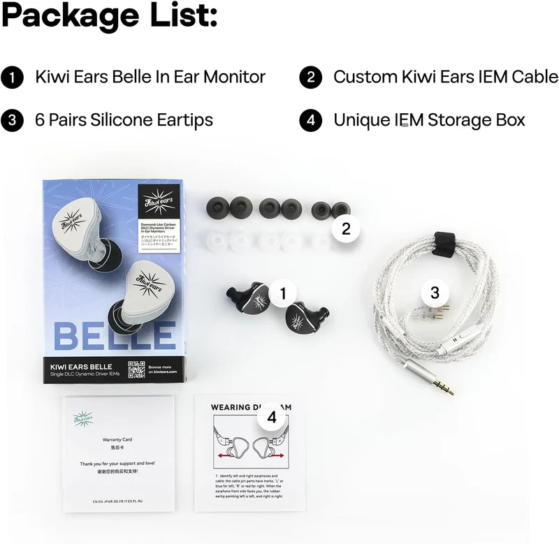 Kiwi Ears Belle 10mm DLC Dynamic Driver, HiFi Wired Earbuds with Dual Silver-Plated Cables in-Ear Monitor (3.5mm) (Silver, Black)