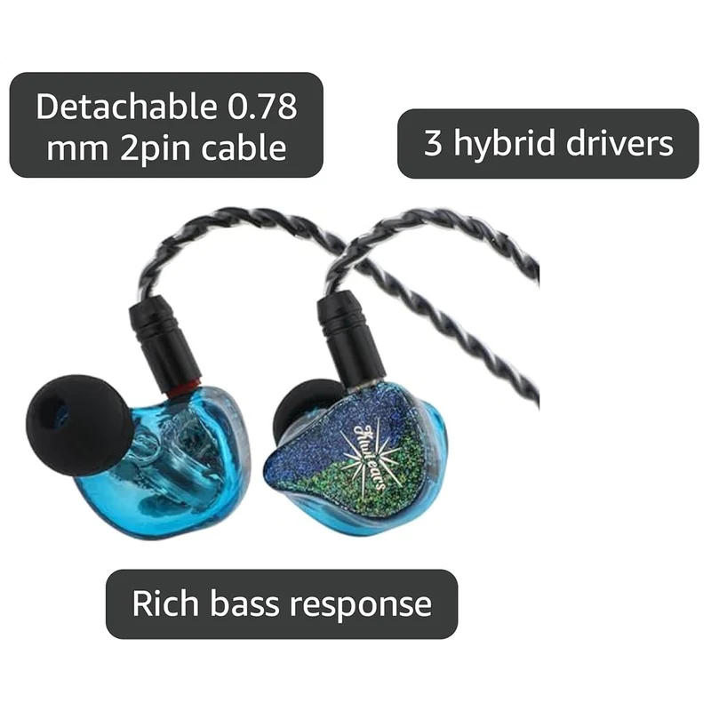 Kiwi Ears Forteza In-Ear Monitor 1BA + 2DD Hi-Fi Wired Earbuds for Gaming Three-way Passive Crossover with Detachable 0.78mm 2Pin IEM Cable (Blue)