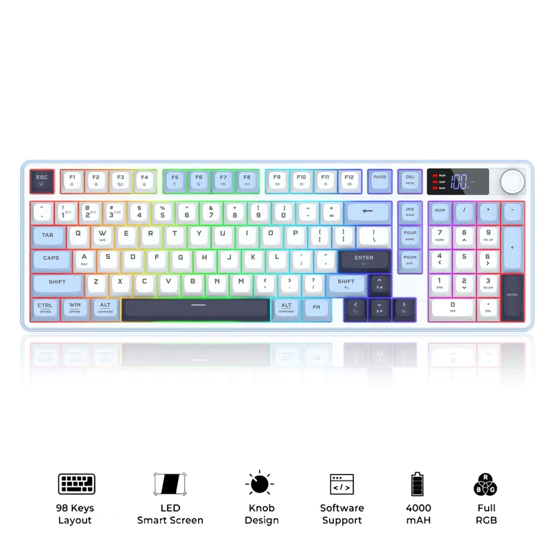 Redragon Aria Pro K527WBL Tri-Mode Ultra-Quiet Membrane RGB Keyboard with LCD Display & Knob Control (White/Blue)
