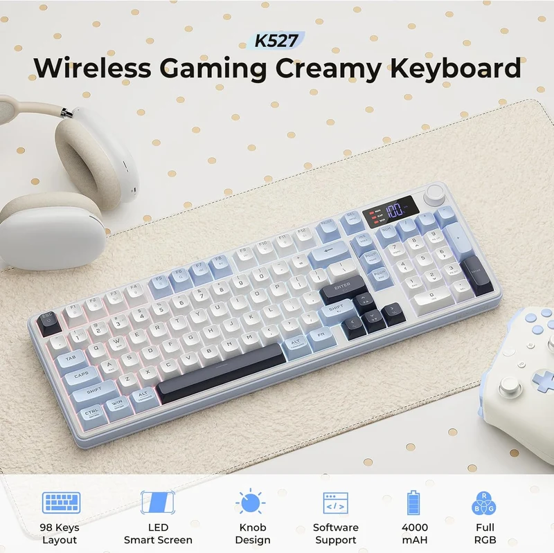 Redragon Aria Pro K527WBL Tri-Mode Ultra-Quiet Membrane RGB Keyboard with LCD Display & Knob Control (White/Blue)