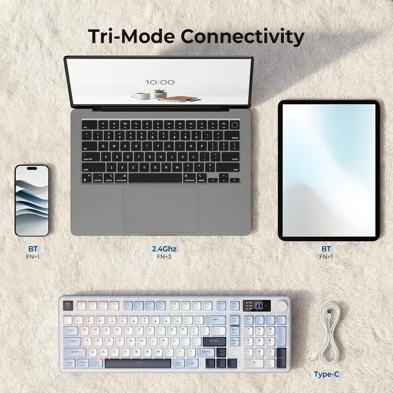 Redragon Aria Pro K527WBL Tri-Mode Ultra-Quiet Membrane RGB Keyboard with LCD Display & Knob Control (White/Blue)