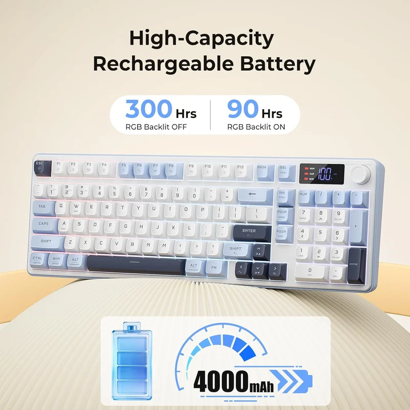 Redragon Aria Pro K527WBL Tri-Mode Ultra-Quiet Membrane RGB Keyboard with LCD Display & Knob Control (White/Blue)