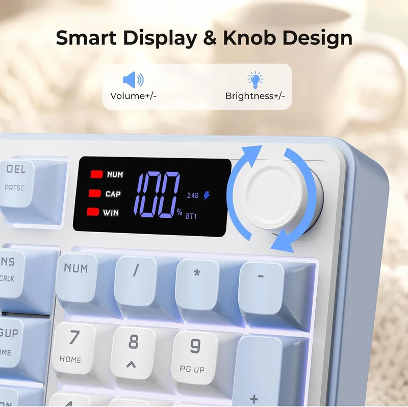 Redragon Aria Pro K527WBL Tri-Mode Ultra-Quiet Membrane RGB Keyboard with LCD Display & Knob Control (White/Blue)