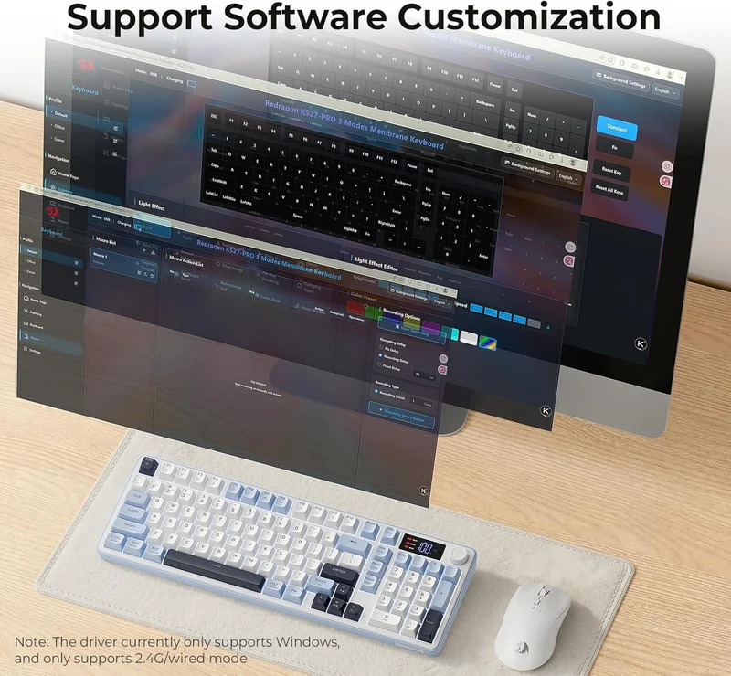Redragon Aria Pro K527WBL Tri-Mode Ultra-Quiet Membrane RGB Keyboard with LCD Display & Knob Control (White/Blue)