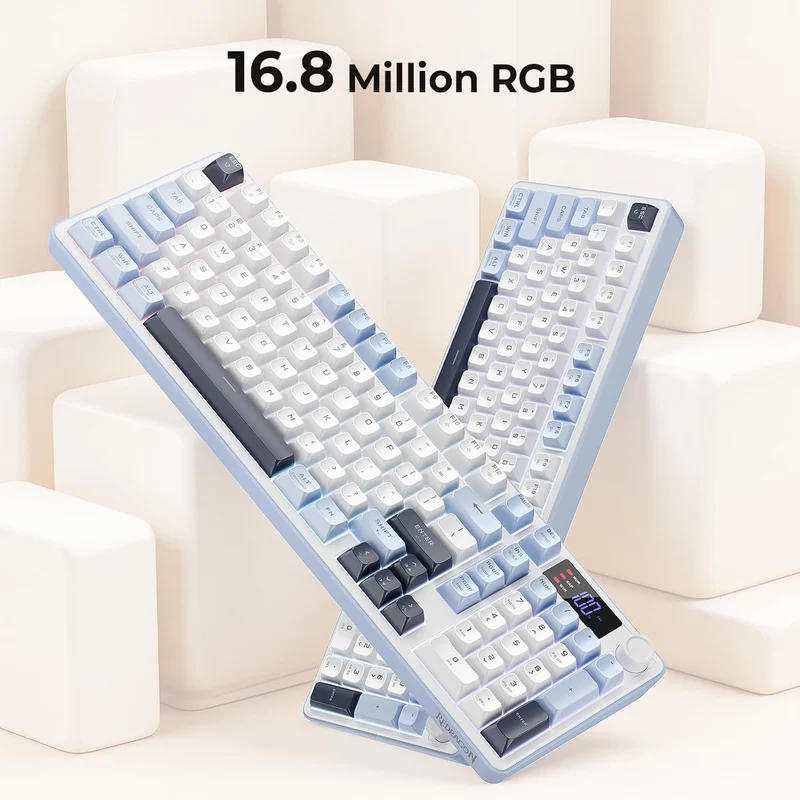 Redragon Aria Pro K527WBL Tri-Mode Ultra-Quiet Membrane RGB Keyboard with LCD Display & Knob Control (White/Blue)