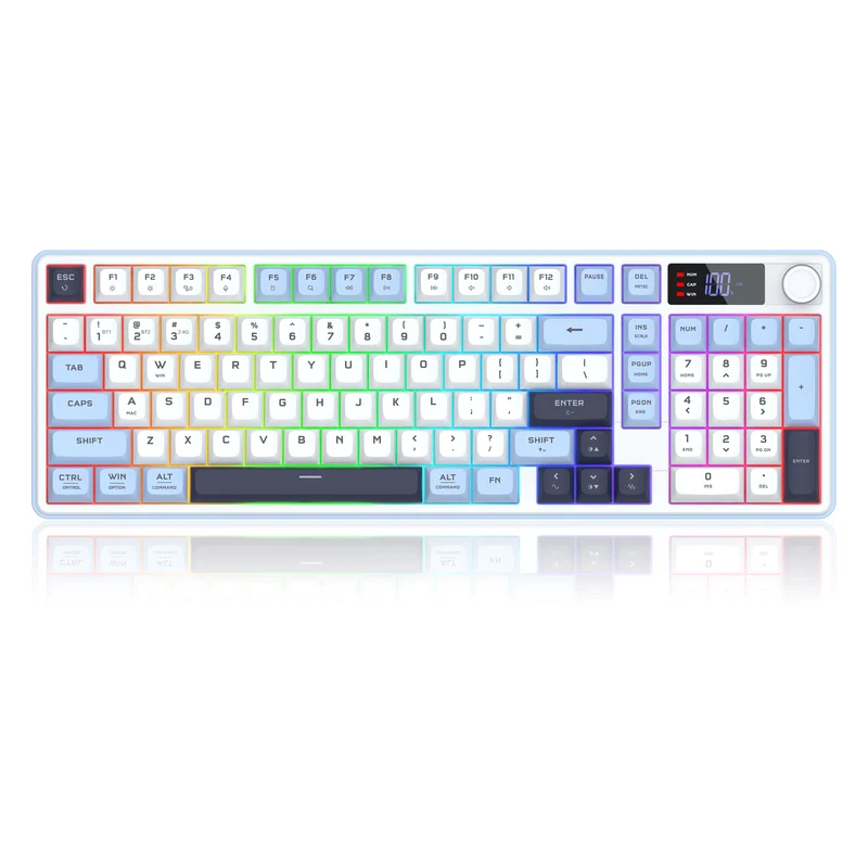 Redragon Aria Pro K527WBL Tri-Mode Ultra-Quiet Membrane RGB Keyboard with LCD Display & Knob Control (White/Blue)