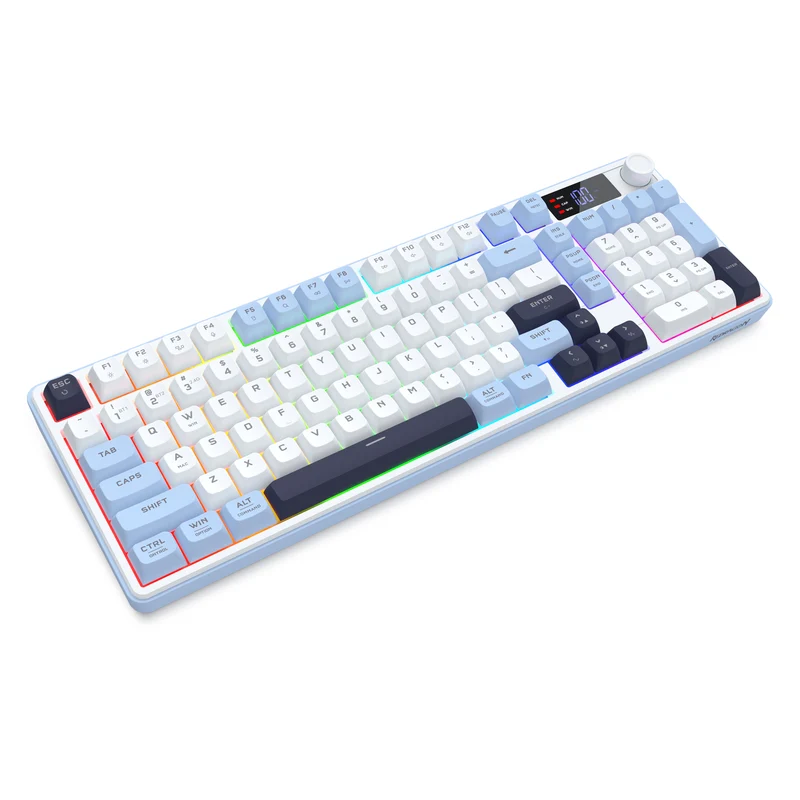Redragon Aria Pro K527WBL Tri-Mode Ultra-Quiet Membrane RGB Keyboard with LCD Display & Knob Control (White/Blue)
