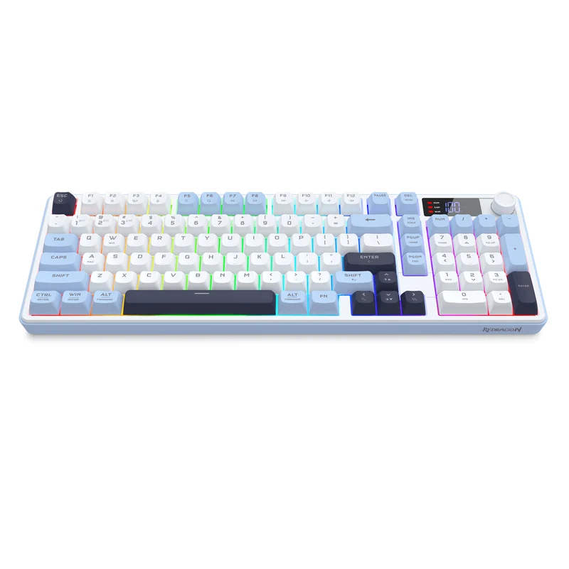 Redragon Aria Pro K527WBL Tri-Mode Ultra-Quiet Membrane RGB Keyboard with LCD Display & Knob Control (White/Blue)