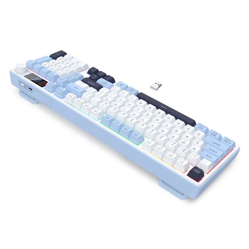 Redragon Aria Pro K527WBL Tri-Mode Ultra-Quiet Membrane RGB Keyboard with LCD Display & Knob Control (White/Blue)