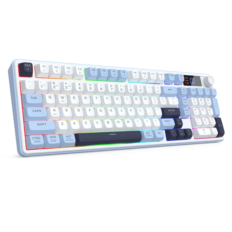 Redragon Aria Pro K527WBL Tri-Mode Ultra-Quiet Membrane RGB Keyboard with LCD Display & Knob Control (White/Blue)