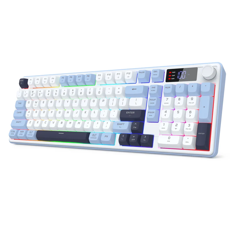 Redragon Aria Pro K527WBL Tri-Mode Ultra-Quiet Membrane RGB Keyboard with LCD Display & Knob Control (White/Blue)