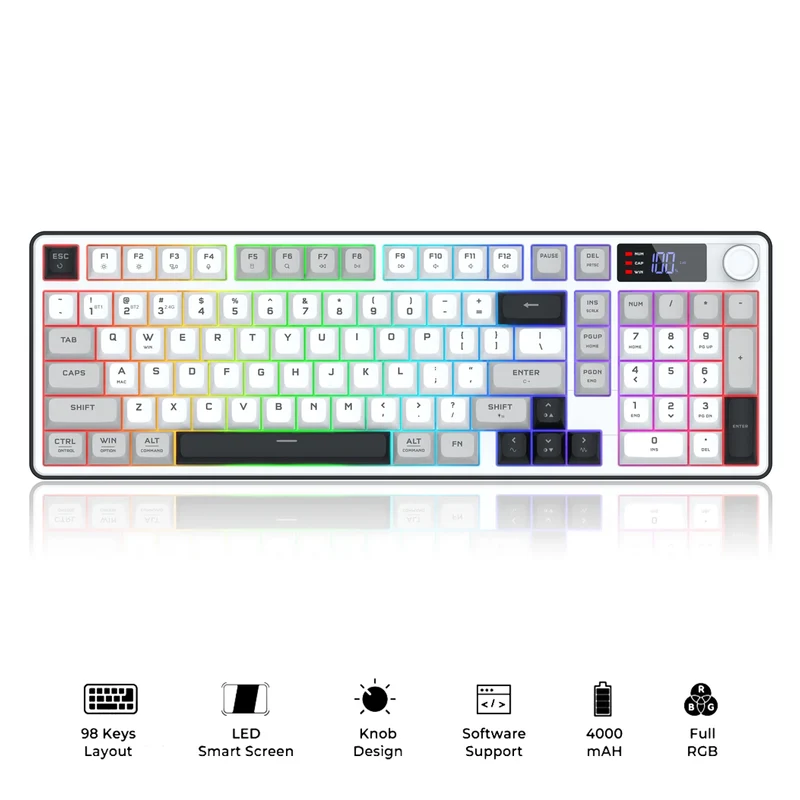 Redragon Aria Pro K527WGL Tri-Mode Ultra-Quiet Membrane RGB Keyboard with LCD Display & Knob Control (White/Grey/Black)