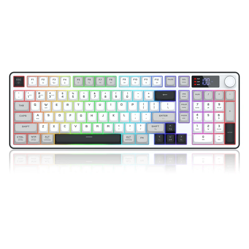 Redragon Aria Pro K527WGL Tri-Mode Ultra-Quiet Membrane RGB Keyboard with LCD Display & Knob Control (White/Grey/Black)