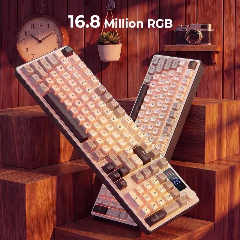 Redragon Aria Pro K527WGL Tri-Mode Ultra-Quiet Membrane RGB Keyboard with LCD Display & Knob Control (White/Grey/Black)