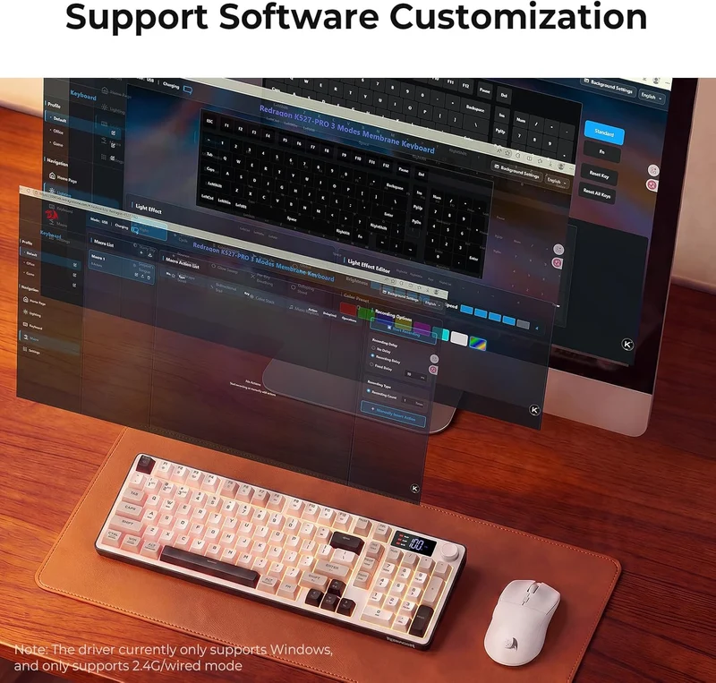 Redragon Aria Pro K527WGL Tri-Mode Ultra-Quiet Membrane RGB Keyboard with LCD Display & Knob Control (White/Grey/Black)