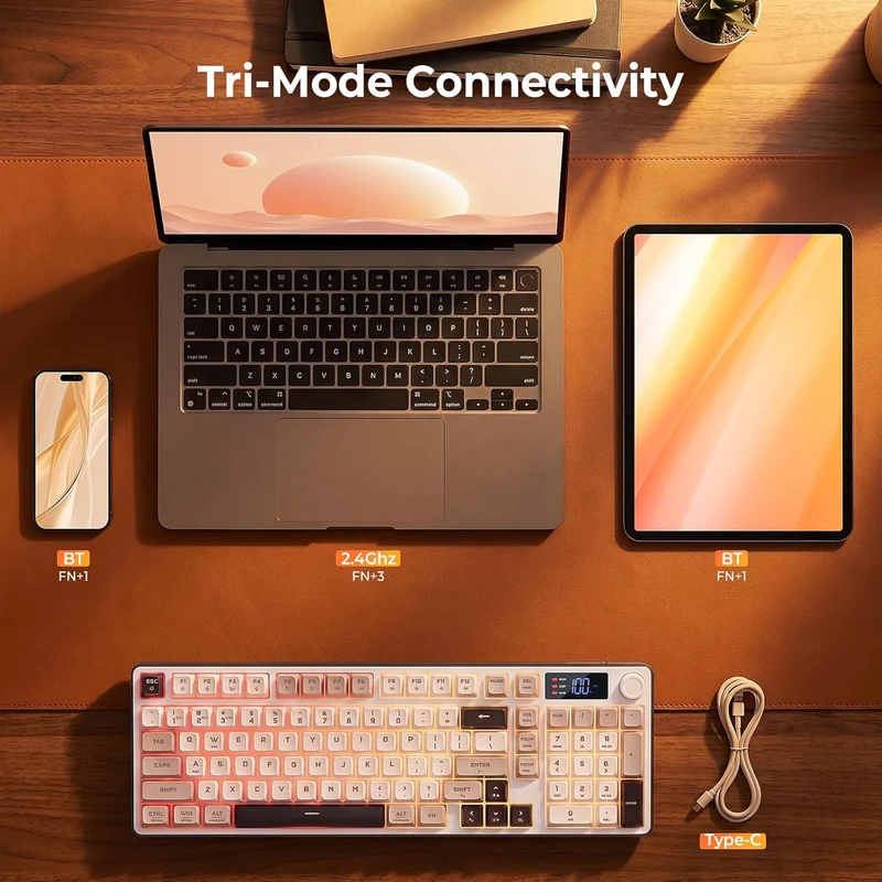 Redragon Aria Pro K527WGL Tri-Mode Ultra-Quiet Membrane RGB Keyboard with LCD Display & Knob Control (White/Grey/Black)