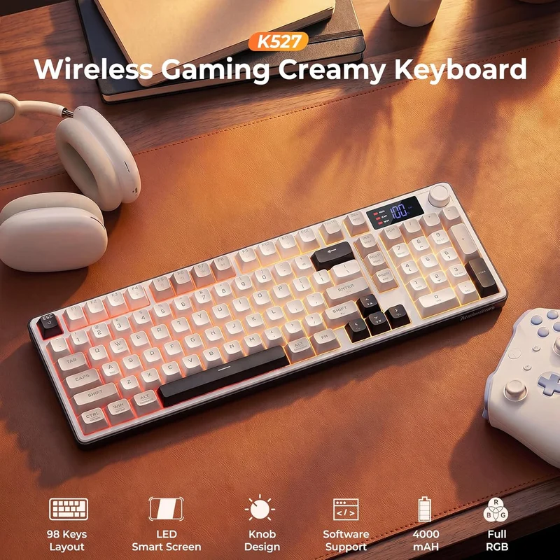 Redragon Aria Pro K527WGL Tri-Mode Ultra-Quiet Membrane RGB Keyboard with LCD Display & Knob Control (White/Grey/Black)