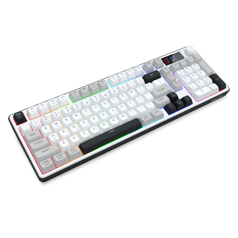Redragon Aria Pro K527WGL Tri-Mode Ultra-Quiet Membrane RGB Keyboard with LCD Display & Knob Control (White/Grey/Black)