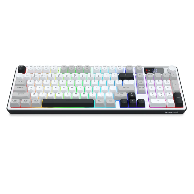 Redragon Aria Pro K527WGL Tri-Mode Ultra-Quiet Membrane RGB Keyboard with LCD Display & Knob Control (White/Grey/Black)
