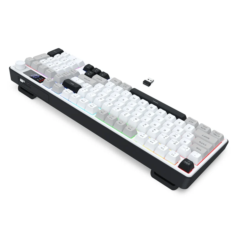 Redragon Aria Pro K527WGL Tri-Mode Ultra-Quiet Membrane RGB Keyboard with LCD Display & Knob Control (White/Grey/Black)