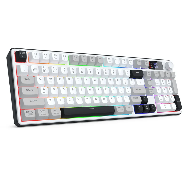 Redragon Aria Pro K527WGL Tri-Mode Ultra-Quiet Membrane RGB Keyboard with LCD Display & Knob Control (White/Grey/Black)