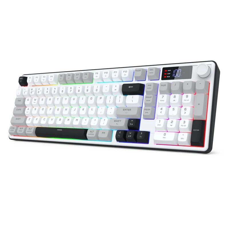 Redragon Aria Pro K527WGL Tri-Mode Ultra-Quiet Membrane RGB Keyboard with LCD Display & Knob Control (White/Grey/Black)