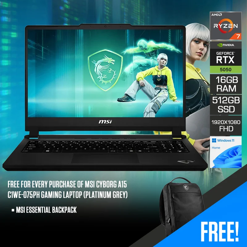 MSI Cyborg A15 C1WE-075PH Gaming Laptop (Platinum Grey) | 15.6" FHD (1920x1080) 144Hz IPS | Ryzen 7 170 | 16GB RAM | 512GB SSD | RTX 5050 | Windows 11 Home | MSI Essential Backpack
