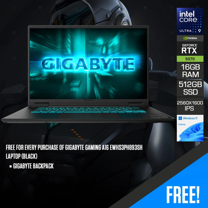 Gigabyte Gaming A16 EWHS3PH893SH Laptop (Black) | 16" WQXGA (2560x1600) 165Hz IPS | Core Ultra 9 185H | 16GB RAM | 512GB SSD | RTX 5070 8GB | Windows 11 Home | Gigabyte Backpack