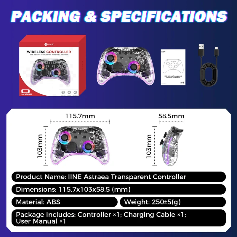 IINE Astraea Transparent Wireless Controller for Nintendo Switch / Nintendo Switch 2 (L1260)