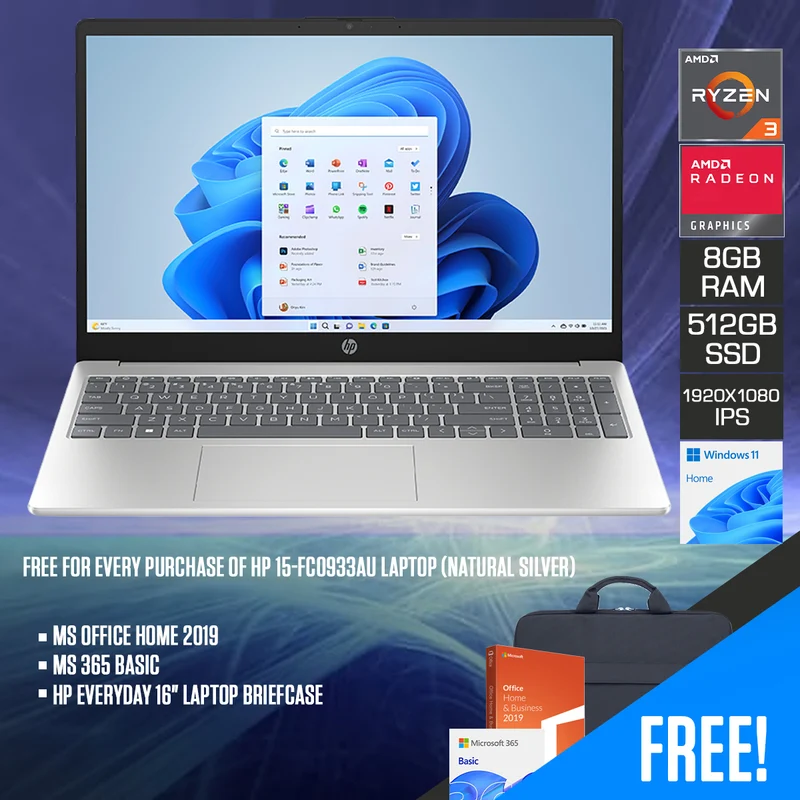 HP 15-fc0933AU Laptop (Natural Silver) | 15.6" FHD (1920x1080) IPS | Ryzen 3 7320U | 8GB RAM | 512GB SSD | AMD Radeon Graphics | Windows 11 Home | MS Office Home 2019 + MS 365 Basic + HP Everyday 16" Laptop Briefcase