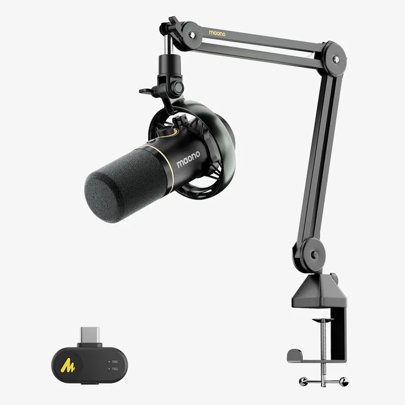 Maono PD200WS Hybrid Podcast Dynamic Wireless RGB Microphone With Boom Arm For PC (Black)