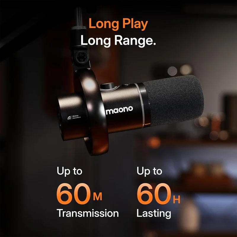 Maono PD200WS Hybrid Podcast Dynamic Wireless RGB Microphone With Boom Arm For PC (Black)