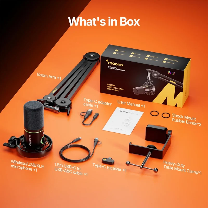 Maono PD200WS Hybrid Podcast Dynamic Wireless RGB Microphone With Boom Arm For PC (Black)