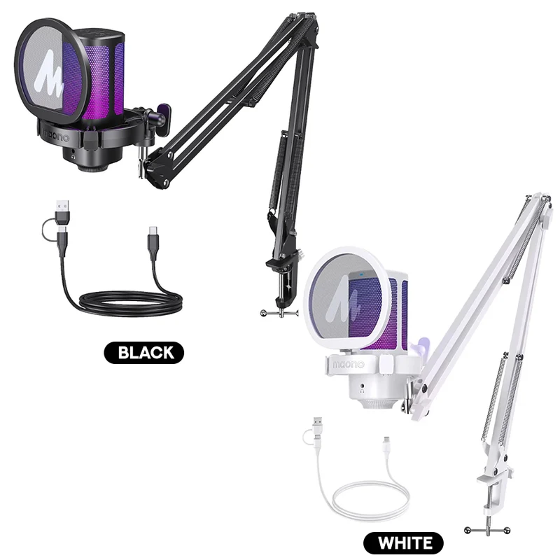Maono DGM20G S GamerWave USB RGB Condenser Noise Canceling Microphone with Boom Arm (Black, White)