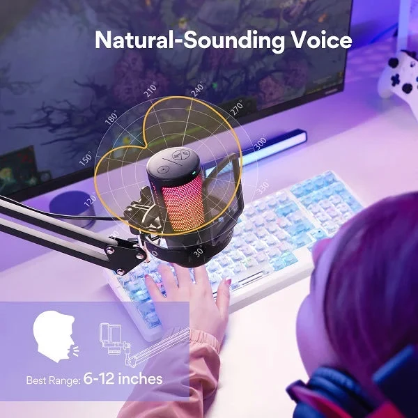 Maono DGM20G S GamerWave USB RGB Condenser Noise Canceling Microphone with Boom Arm (Black, White)