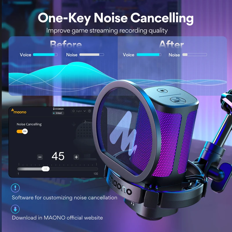 Maono DGM20G S GamerWave USB RGB Condenser Noise Canceling Microphone with Boom Arm (Black, White)
