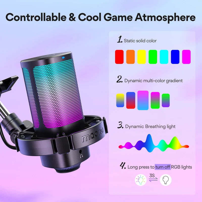 Maono DGM20G S GamerWave USB RGB Condenser Noise Canceling Microphone with Boom Arm (Black, White)