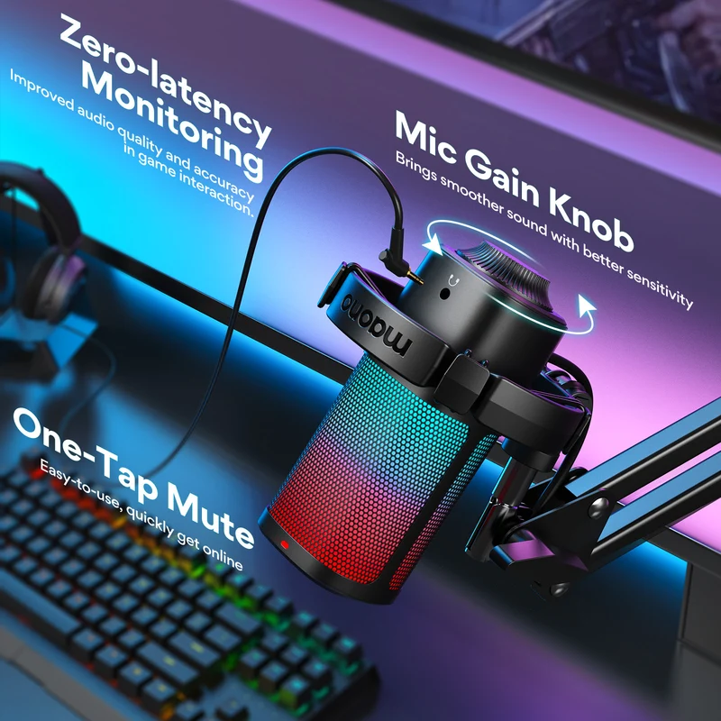 Maono DGM20G S GamerWave USB RGB Condenser Noise Canceling Microphone with Boom Arm (Black, White)
