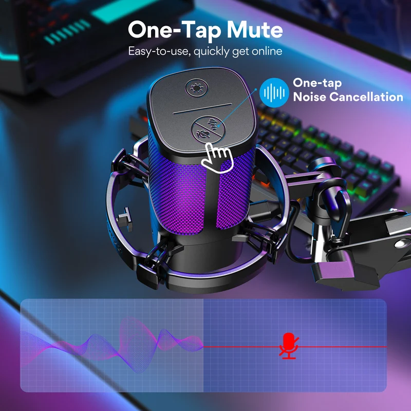 Maono DGM20G S GamerWave USB RGB Condenser Noise Canceling Microphone with Boom Arm (Black, White)