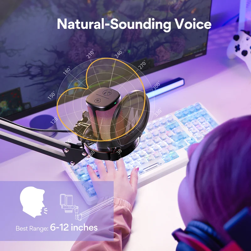 Maono DGM20G S GamerWave USB RGB Condenser Noise Canceling Microphone with Boom Arm (Black, White)