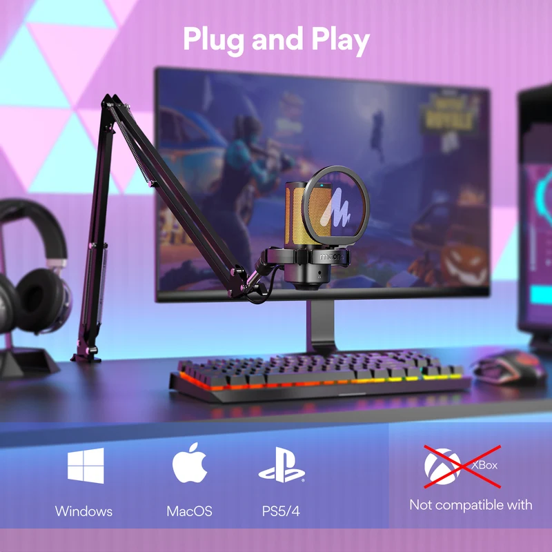 Maono DGM20G S GamerWave USB RGB Condenser Noise Canceling Microphone with Boom Arm (Black, White)