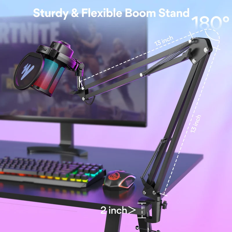 Maono DGM20G S GamerWave USB RGB Condenser Noise Canceling Microphone with Boom Arm (Black, White)