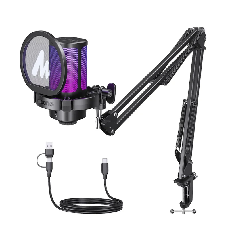 Maono DGM20G S GamerWave USB RGB Condenser Noise Canceling Microphone with Boom Arm (Black, White)